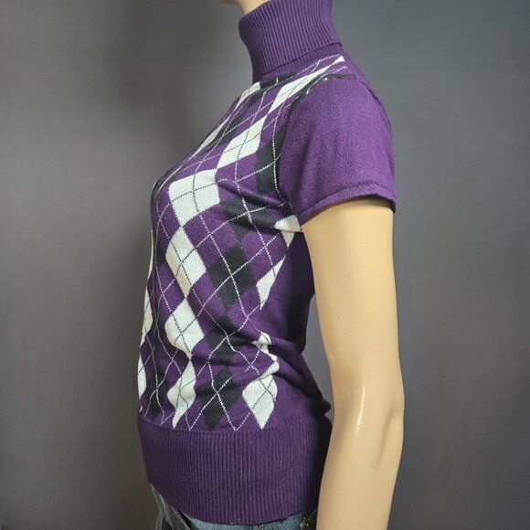 Y2K Purple Argyle Sweater Size L Cap Sleeve Fitted Office Siren Academia Preppy - Picture 5 of 11